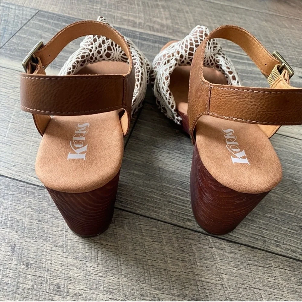NWT Korks Natalia Cream Crochet Lace Sandals Heel Platform Brown Tan Leather 11